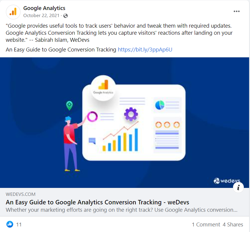 A screenshot from Google Analytics fb page